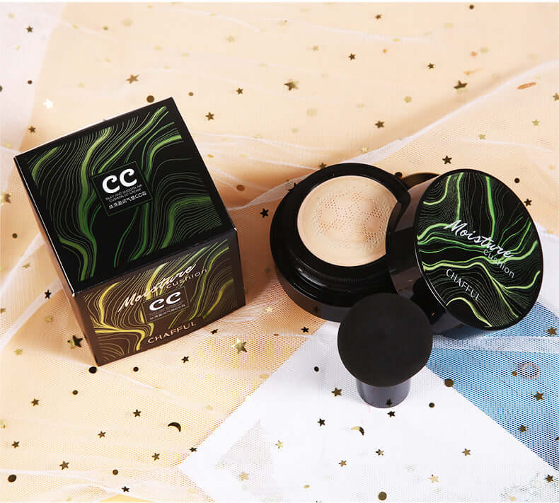 Air Cushion BB Cream with packaging and applicator on a decorative background, showcasing smooth, flawless coverage.
